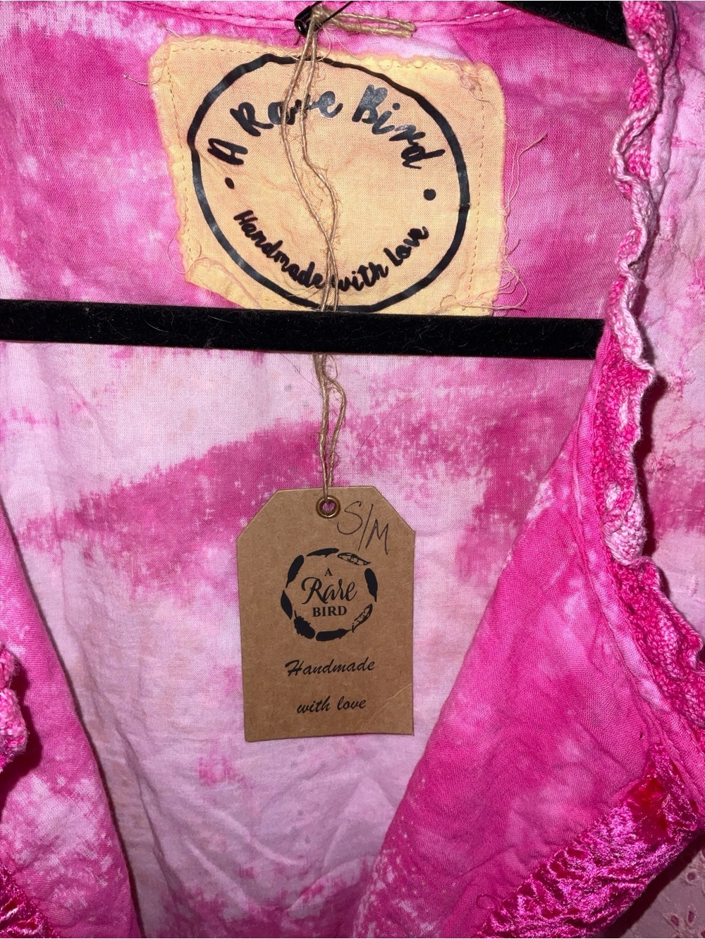 NWT A Rare Bird Handmade Pink Tie Dye Eyelet Velvet Ruffle Jacket S/M Boho - Picture 3 of 6